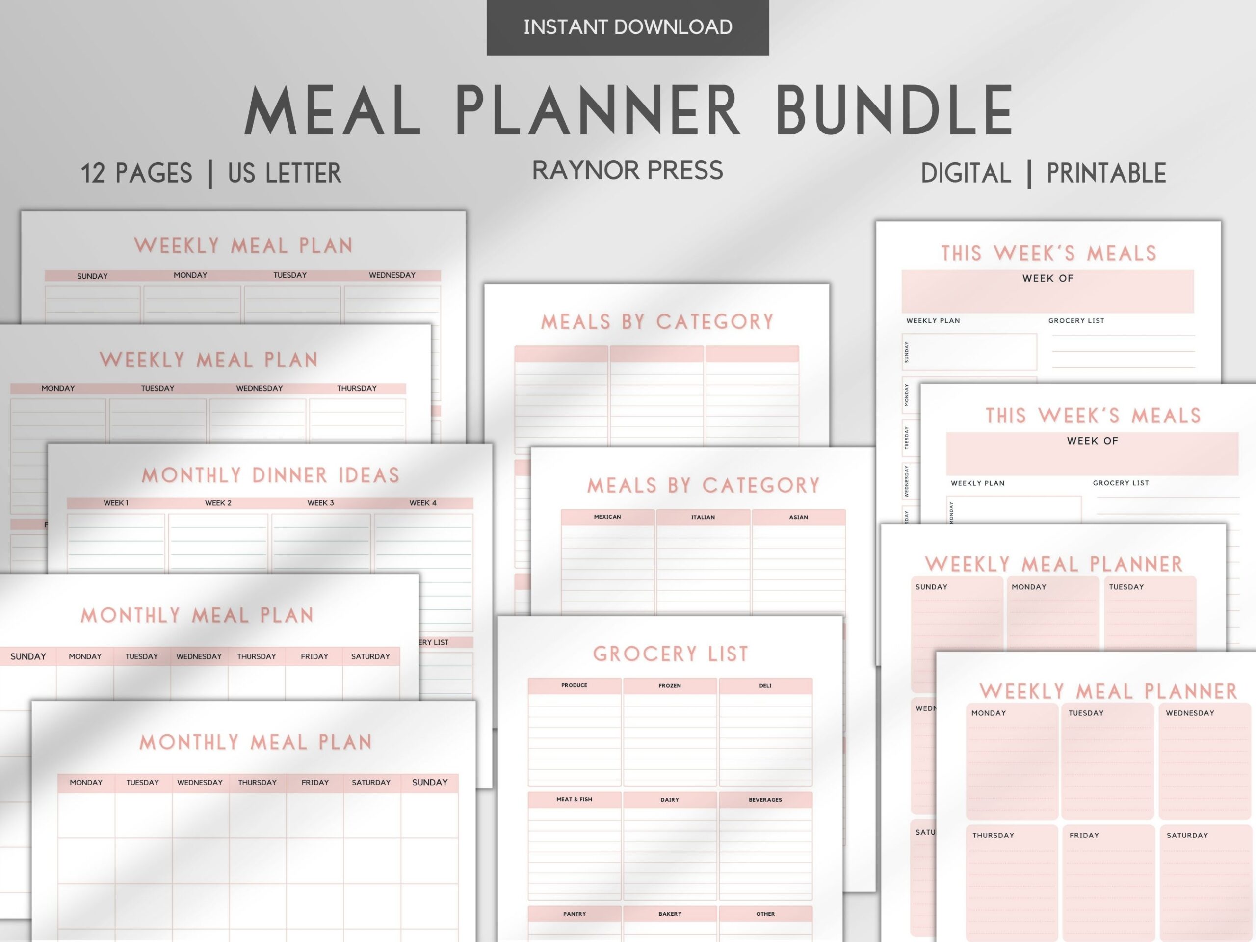 12 pages of meal planning in pink