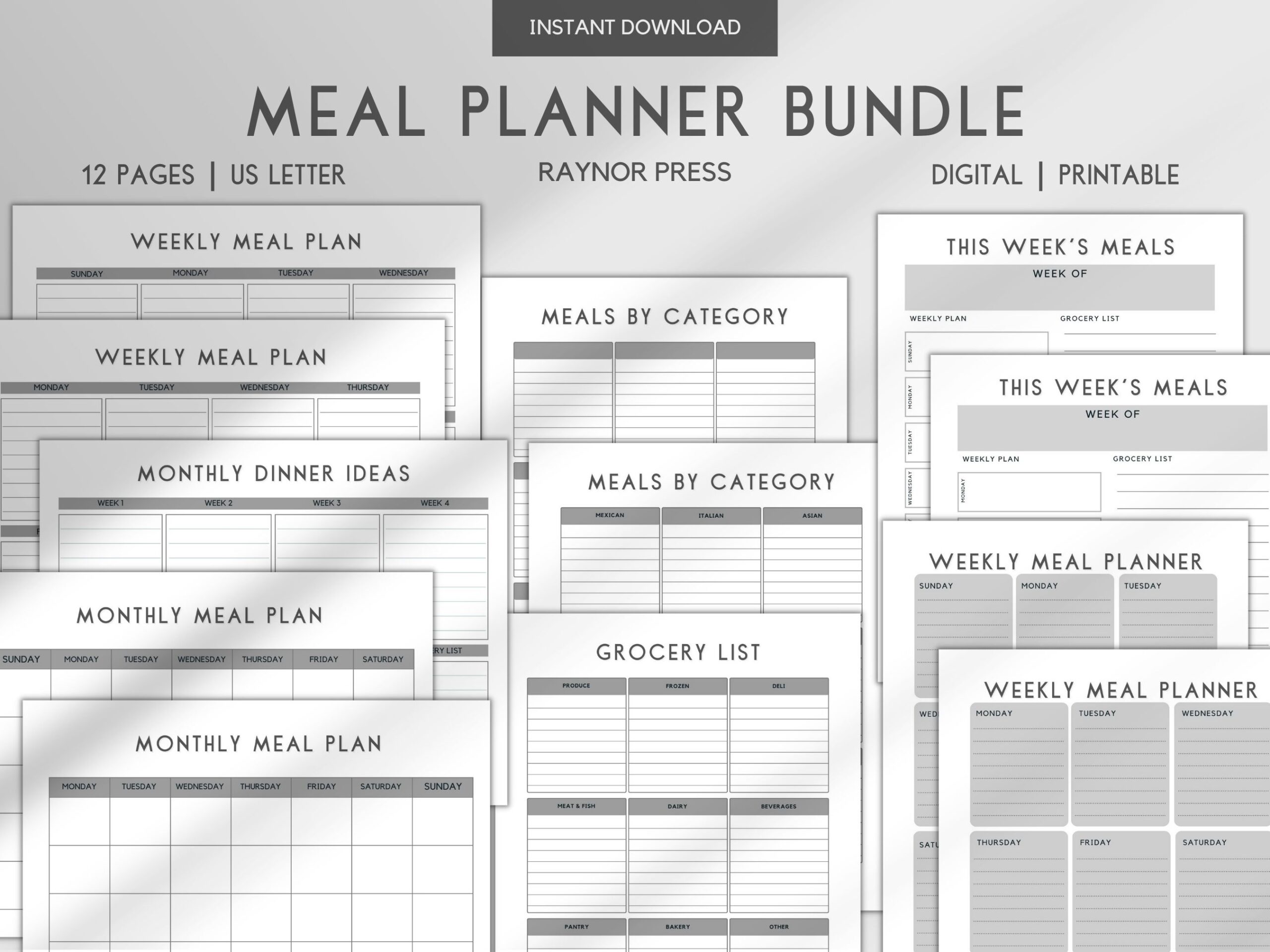 12 pages of meal planning bundle in gray