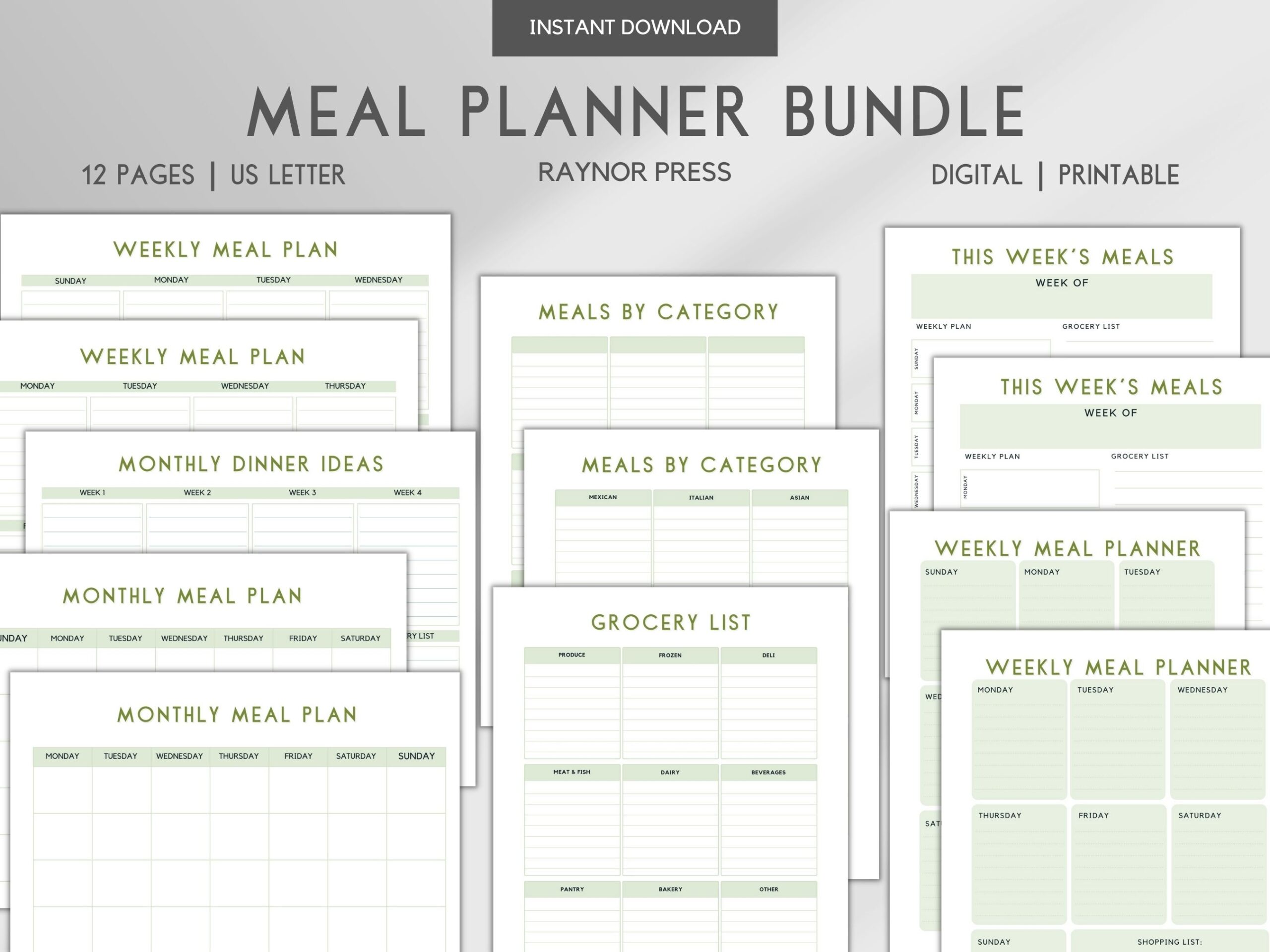 12 pages of meal planner bundle in green